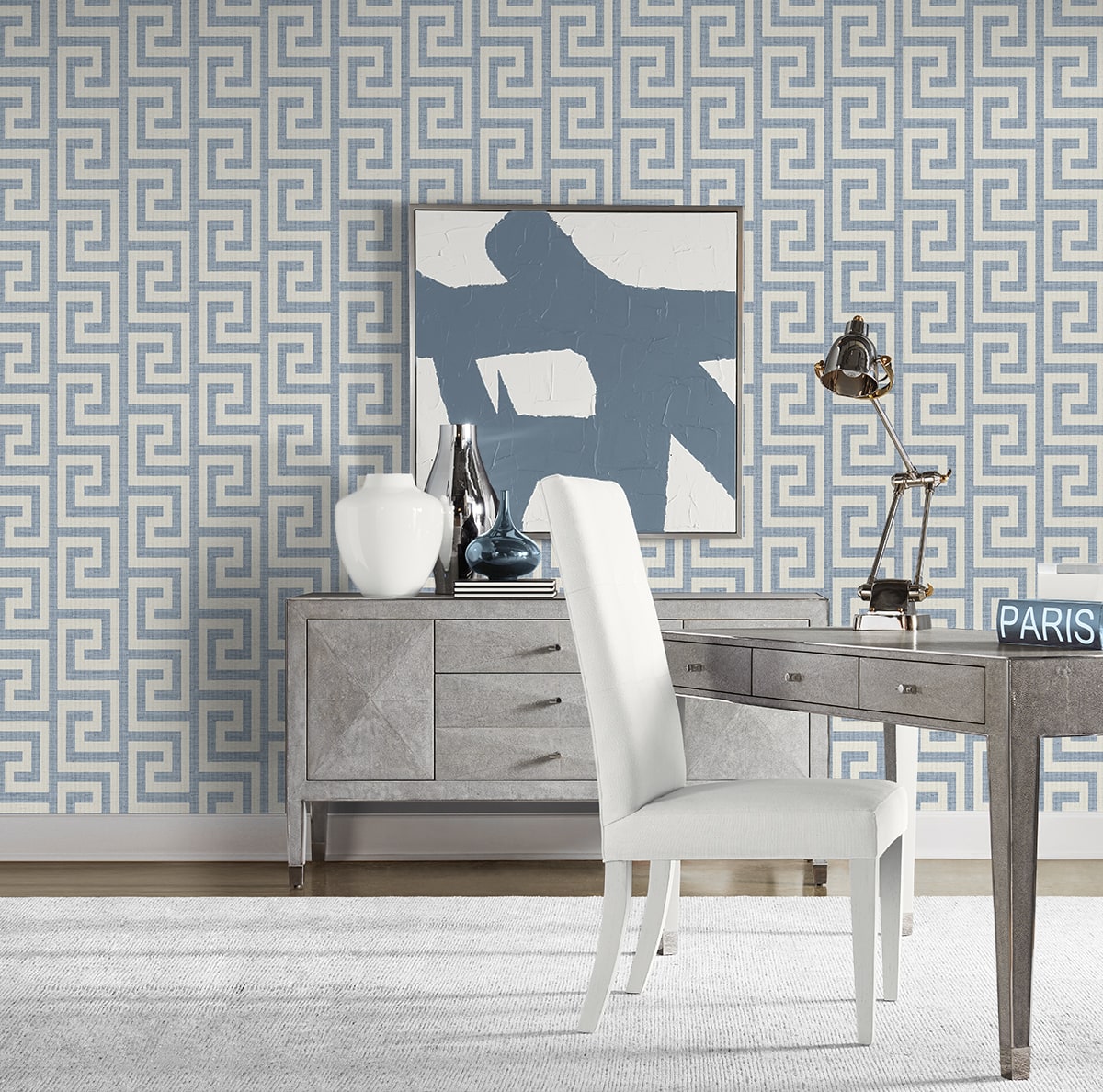 Luna Retreat Greek Key Embossed Vinyl Unpasted Wallpaper