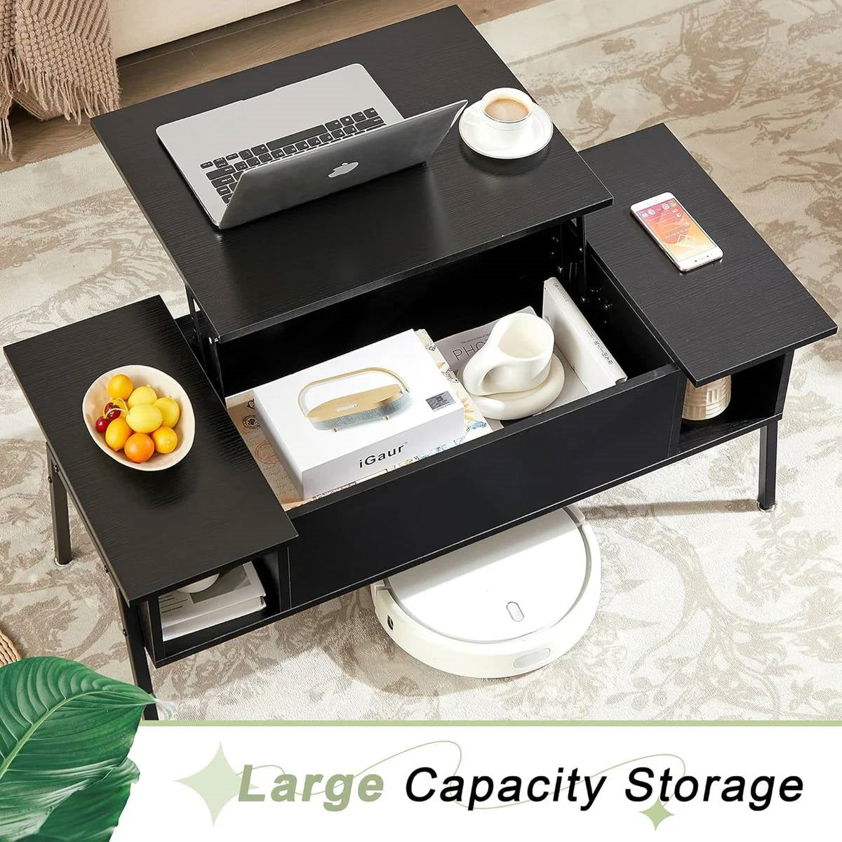 Lift-Top Coffee Table with Storage Shelf in Black Wood Finish