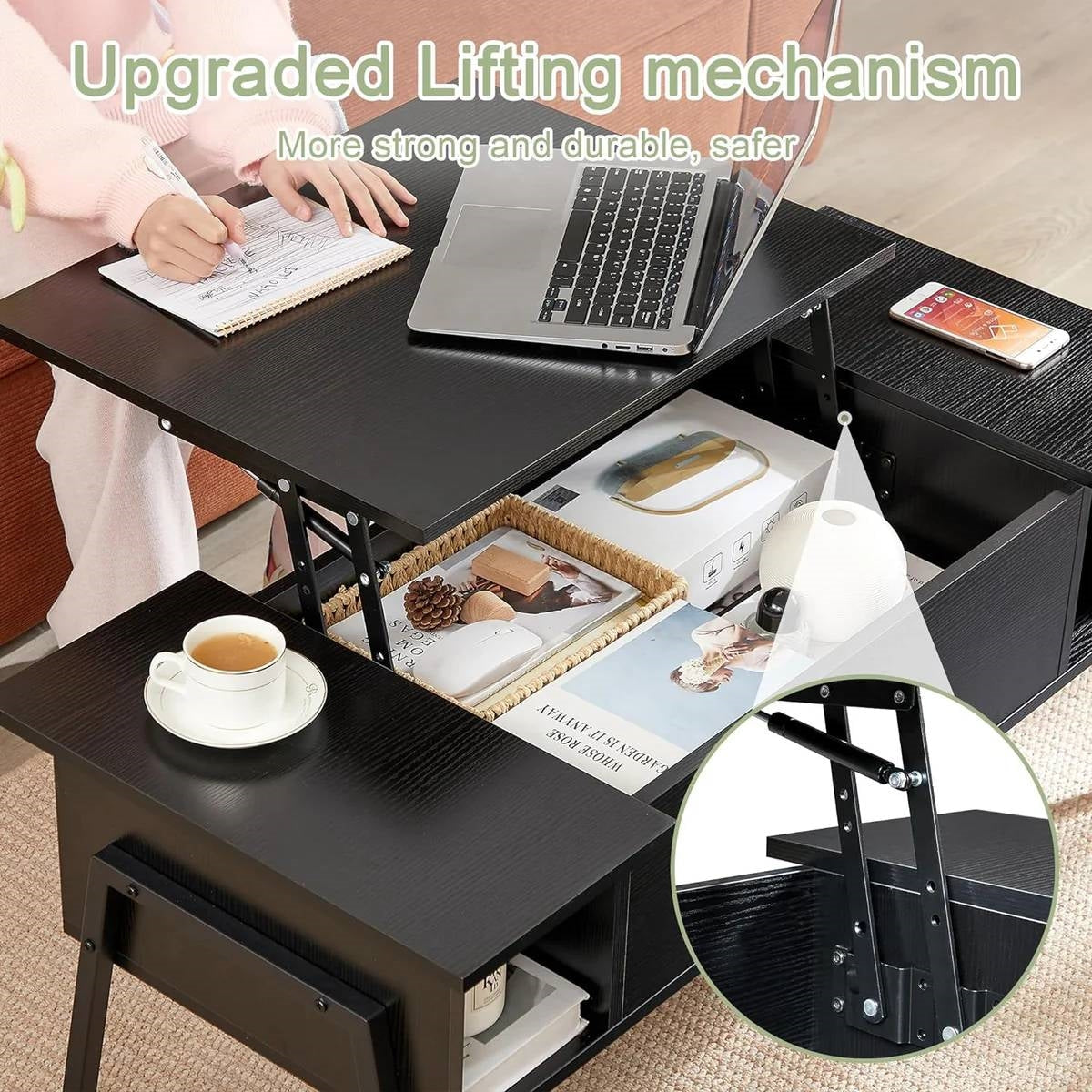 Lift-Top Coffee Table with Storage Shelf in Black Wood Finish