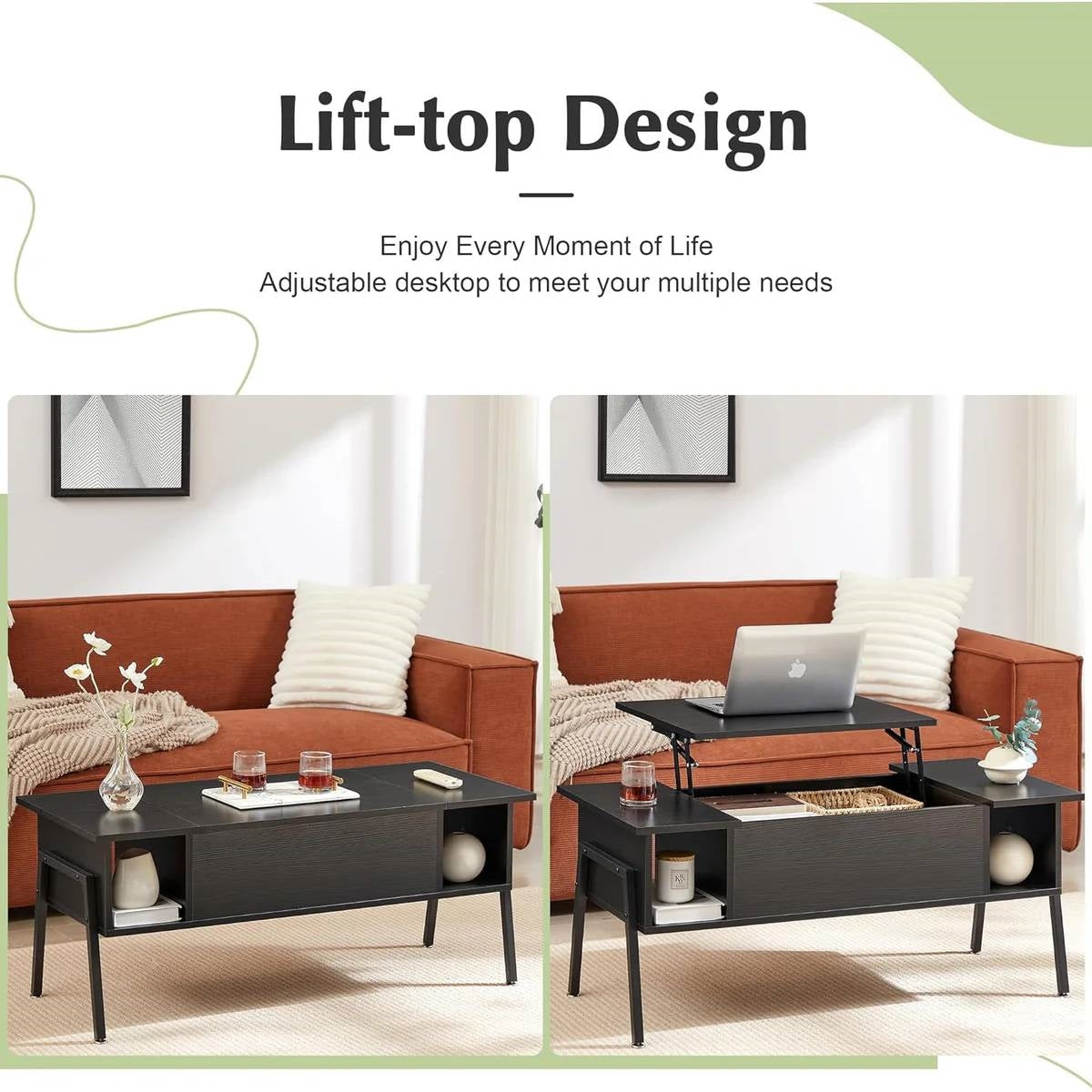 Lift-Top Coffee Table with Storage Shelf in Black Wood Finish