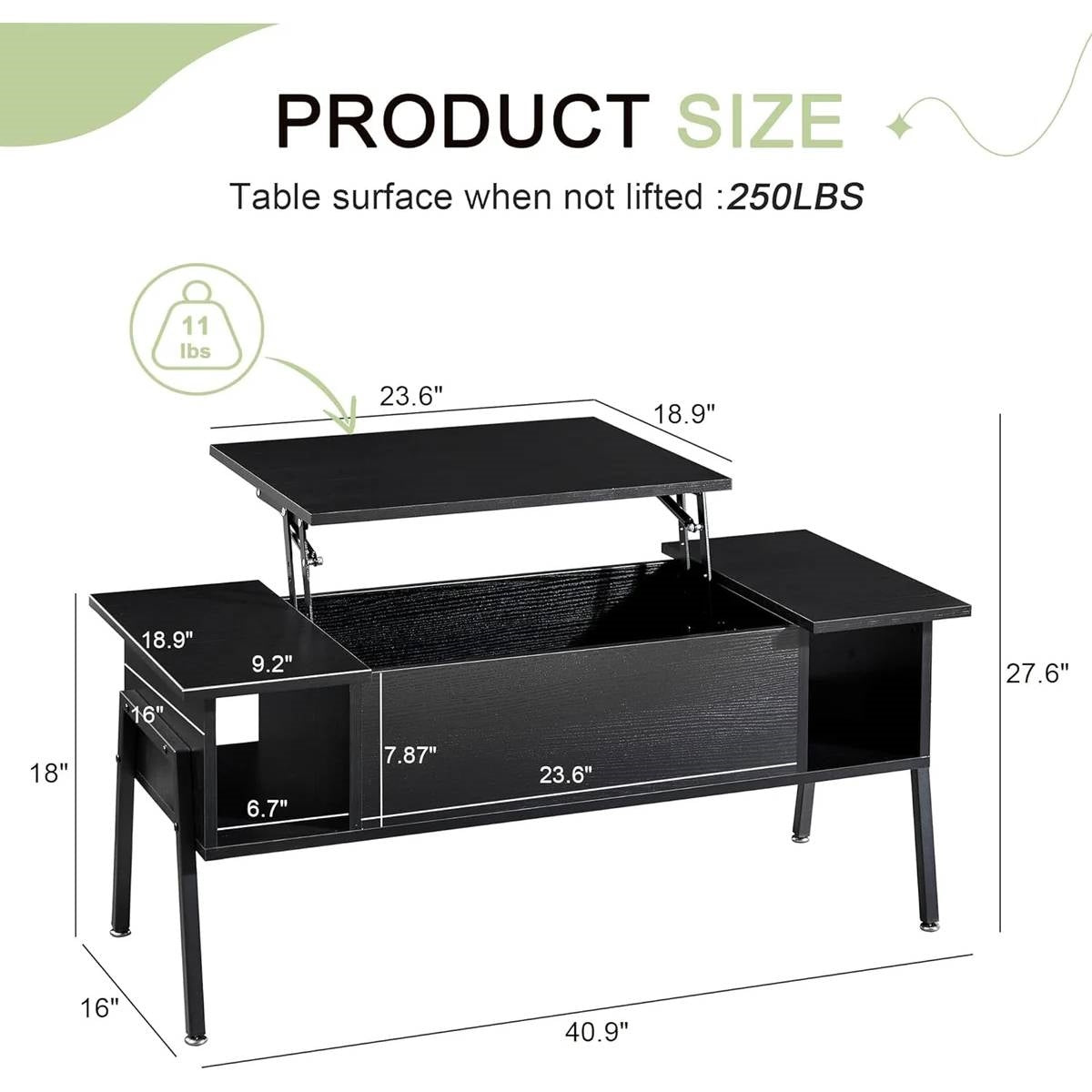 Lift-Top Coffee Table with Storage Shelf in Black Wood Finish