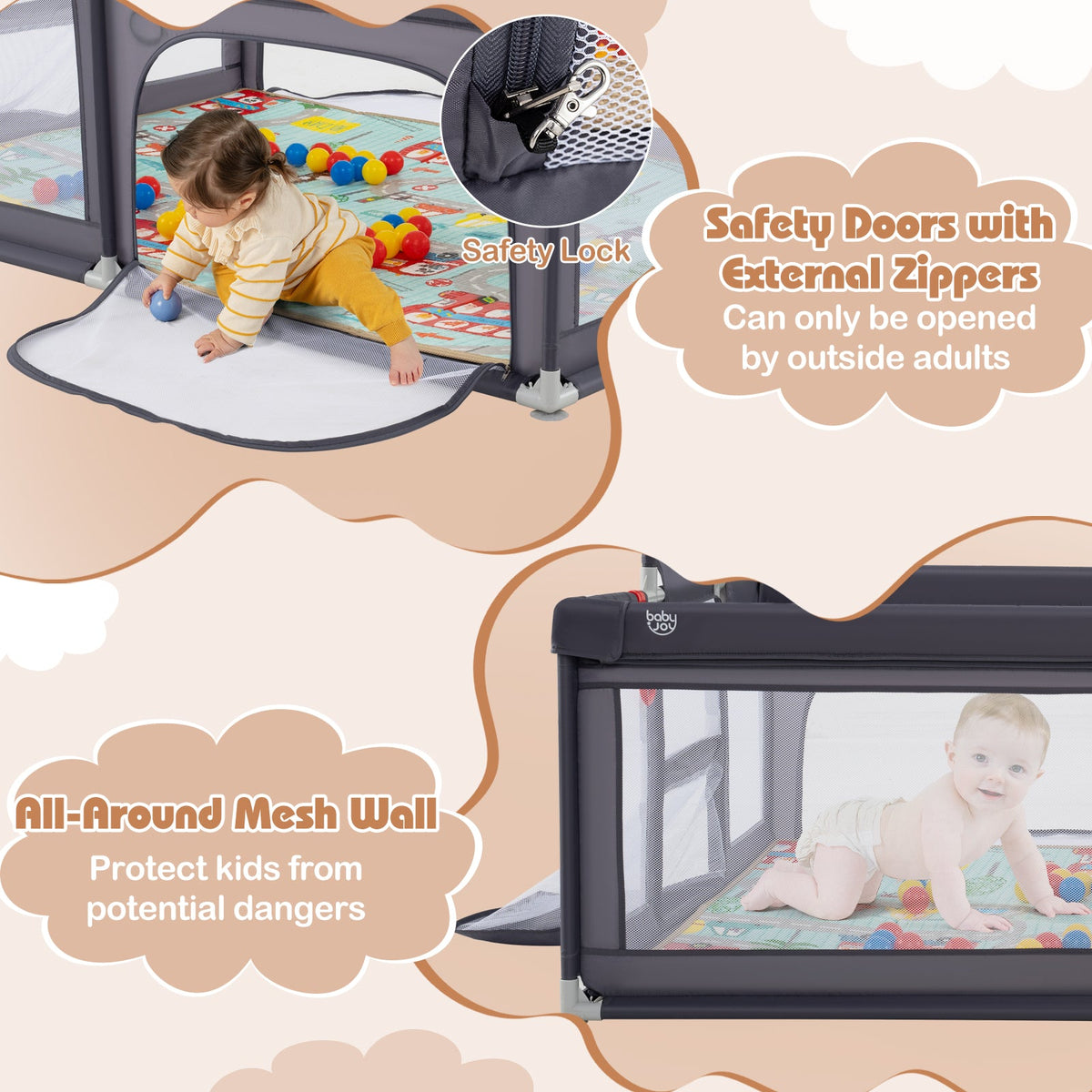 Large Baby Playpen with Mat and Ocean Balls-Dark gray