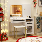 Modern Makeup Vanity Desk with Mirror & Lights and Stool Set-White