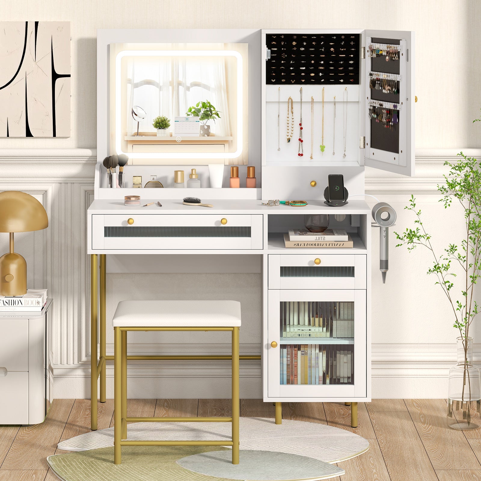 Modern Makeup Vanity Desk with Mirror & Lights and Stool Set-White