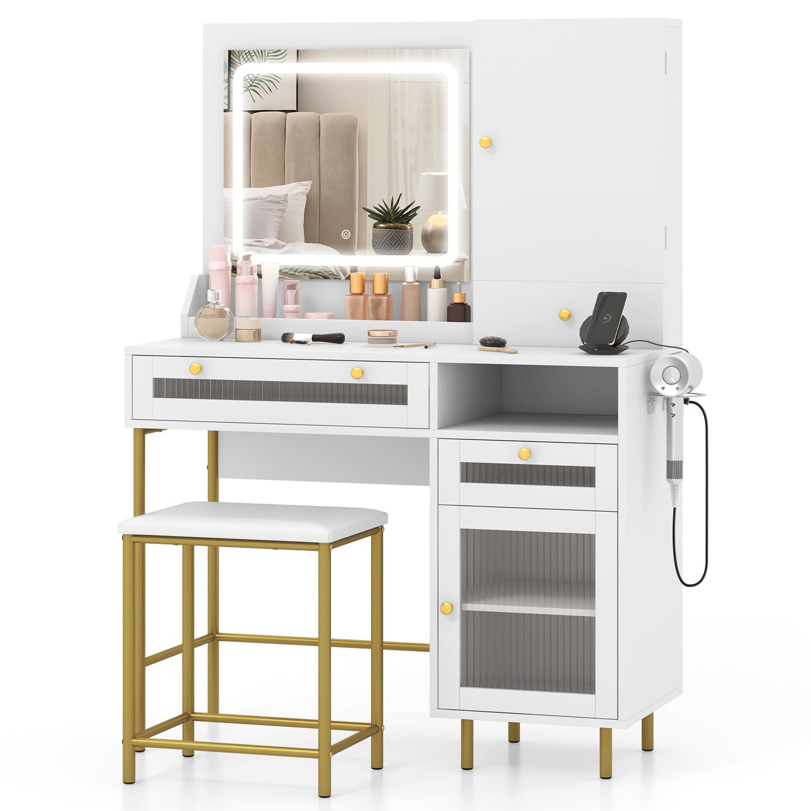 Modern Makeup Vanity Desk with Mirror & Lights and Stool Set-White