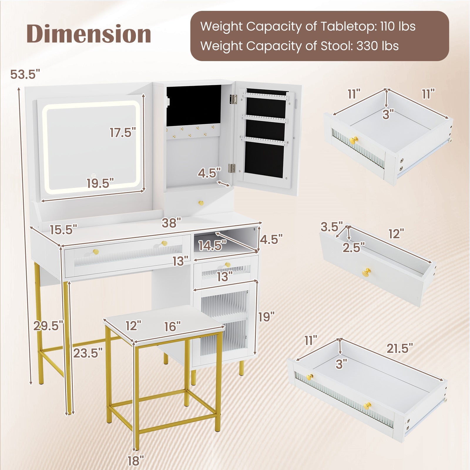 Modern Makeup Vanity Desk with Mirror & Lights and Stool Set-White