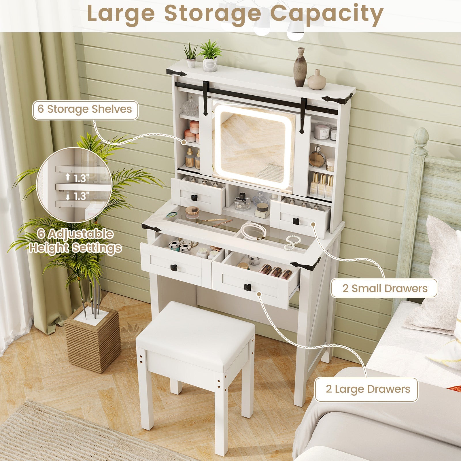 Makeup Vanity Desk with Mirror and Adjustable Storage Shelves-White
