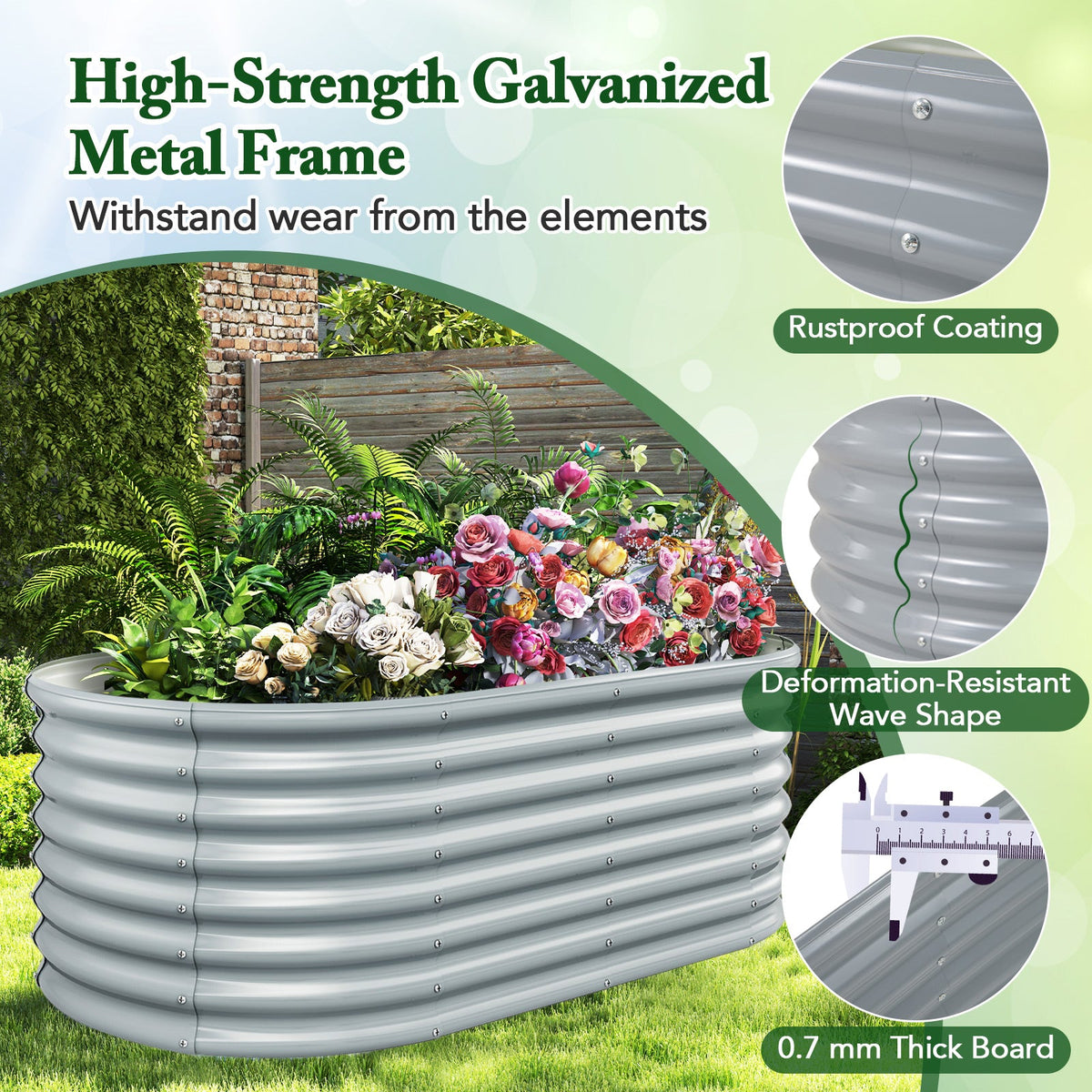 5 x 3 x 2 Feet Metal Oval Raised Garden Bed -Gray