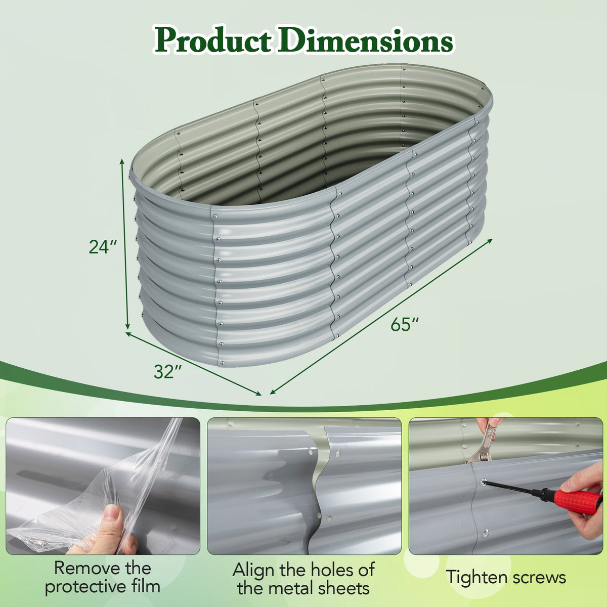 5 x 3 x 2 Feet Metal Oval Raised Garden Bed -Gray