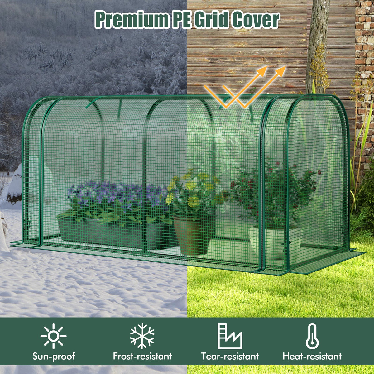Mini Tunnel Greenhouse with Roll-up Zipper Door-Green