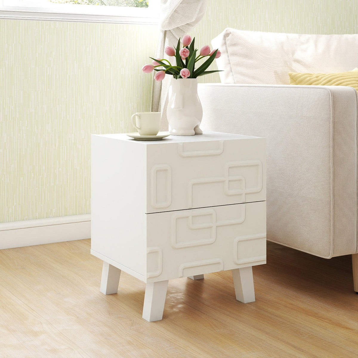 Modern Nightstand Side Table with Drawers -White