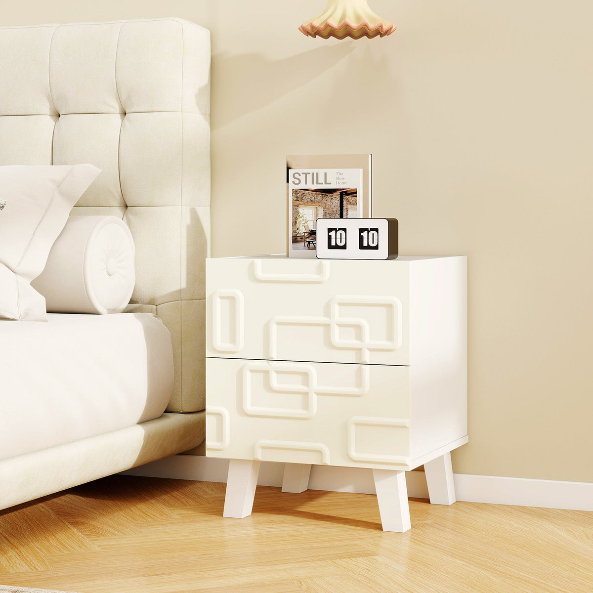 Modern Nightstand Side Table with Drawers -White