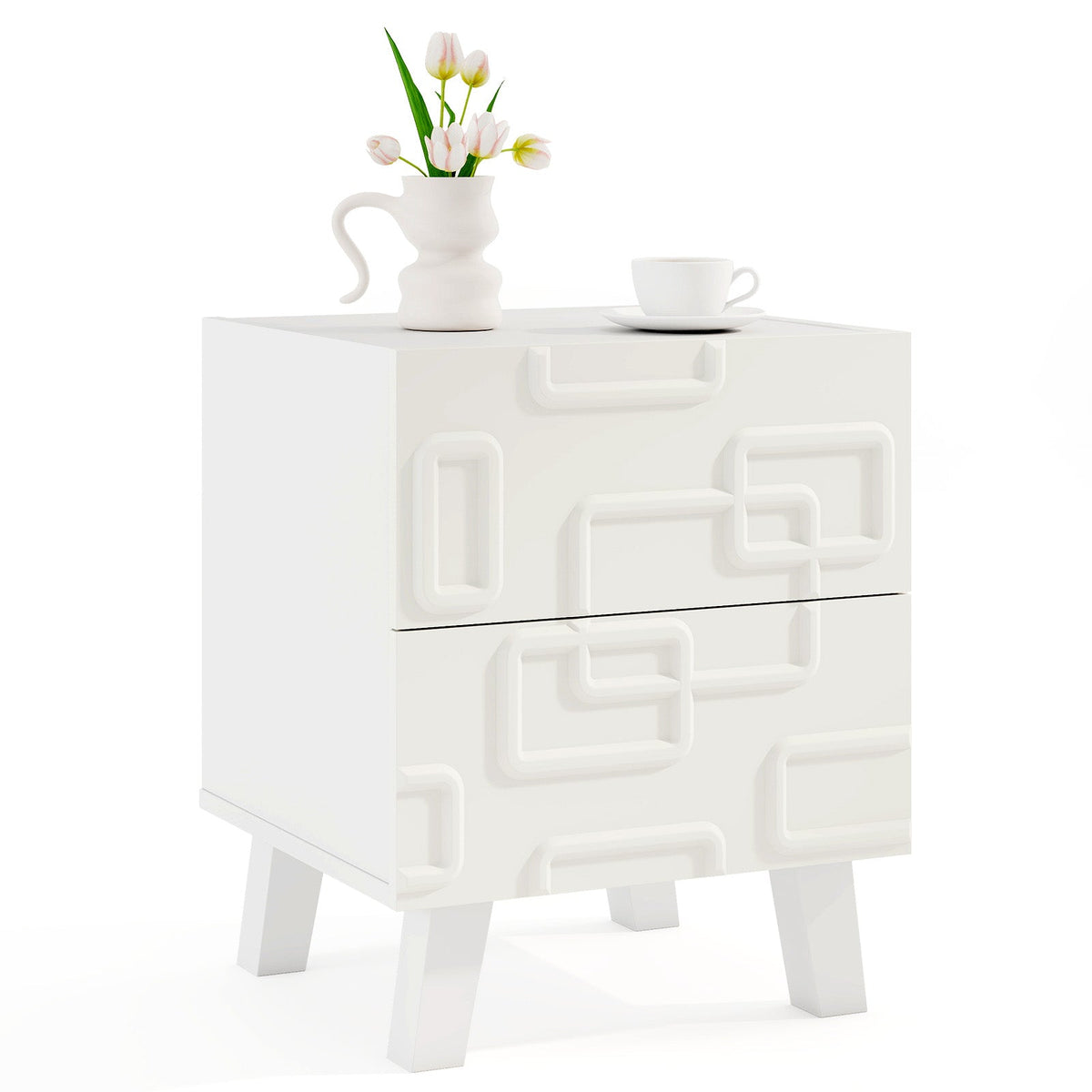 Modern Nightstand Side Table with Drawers -White