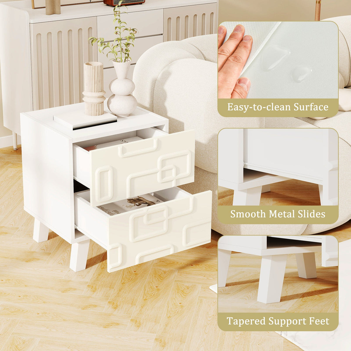 Modern Nightstand Side Table with Drawers -White