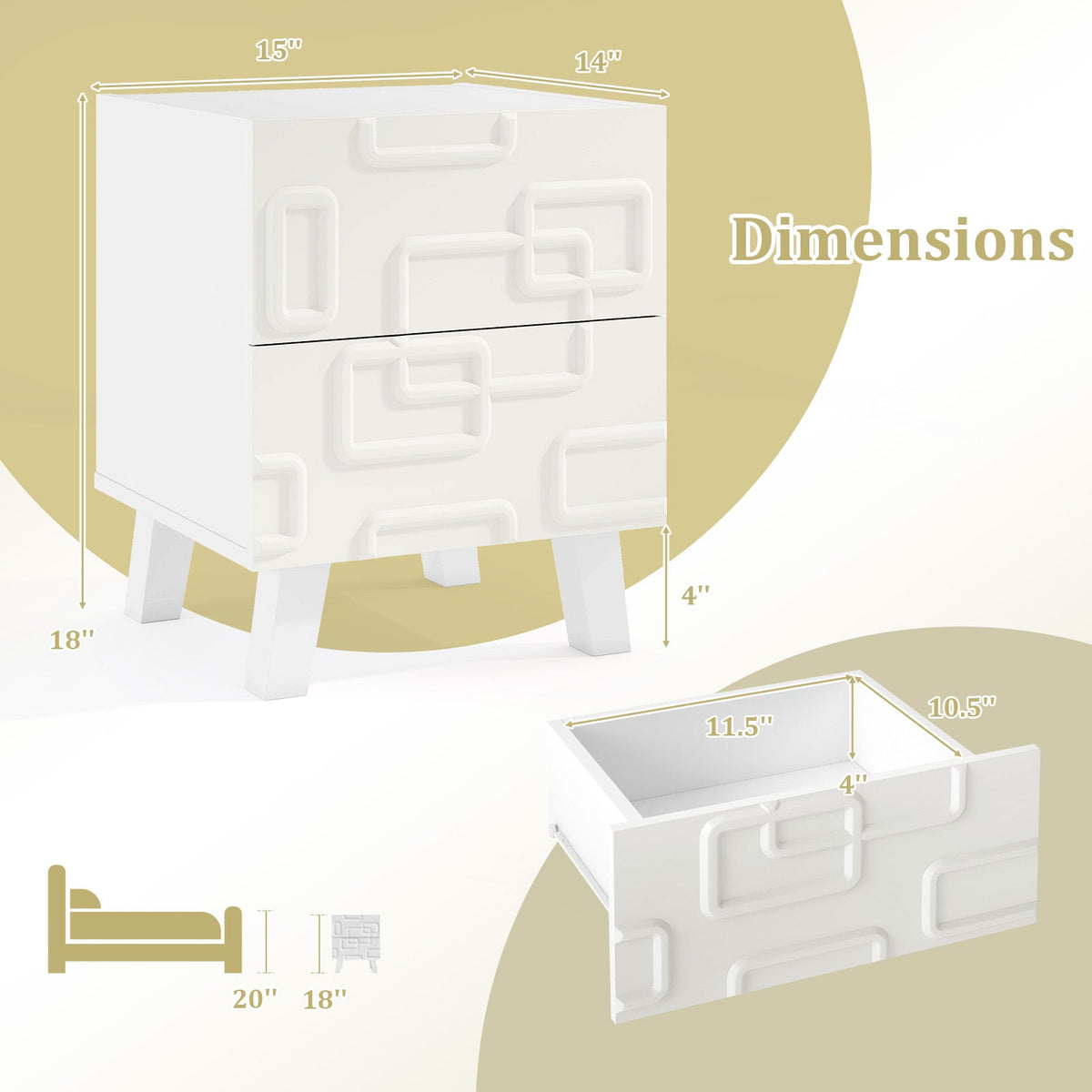 Modern Nightstand Side Table with Drawers -White