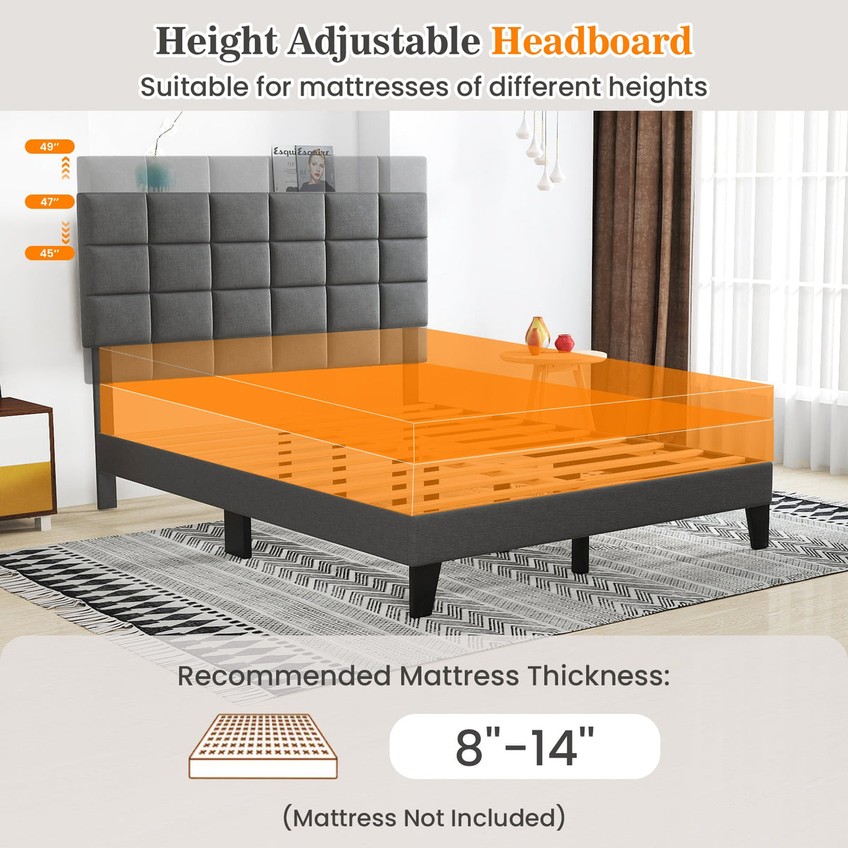 Queen Size Modern Linen Bed Frame with Adjustable Headboard-Gray