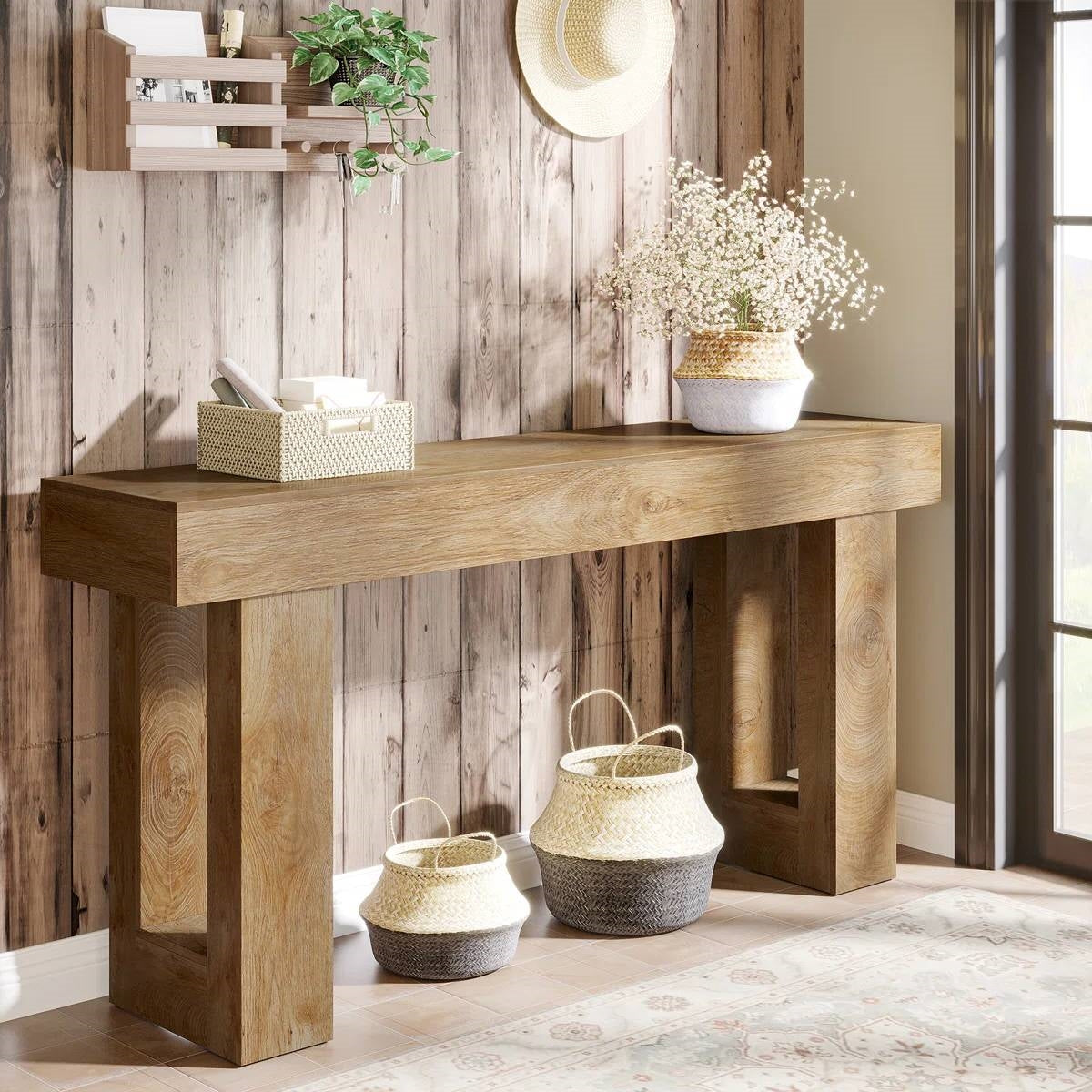 Farmhouse Long Narrow Console Sofa Table in Natural Wood Finish