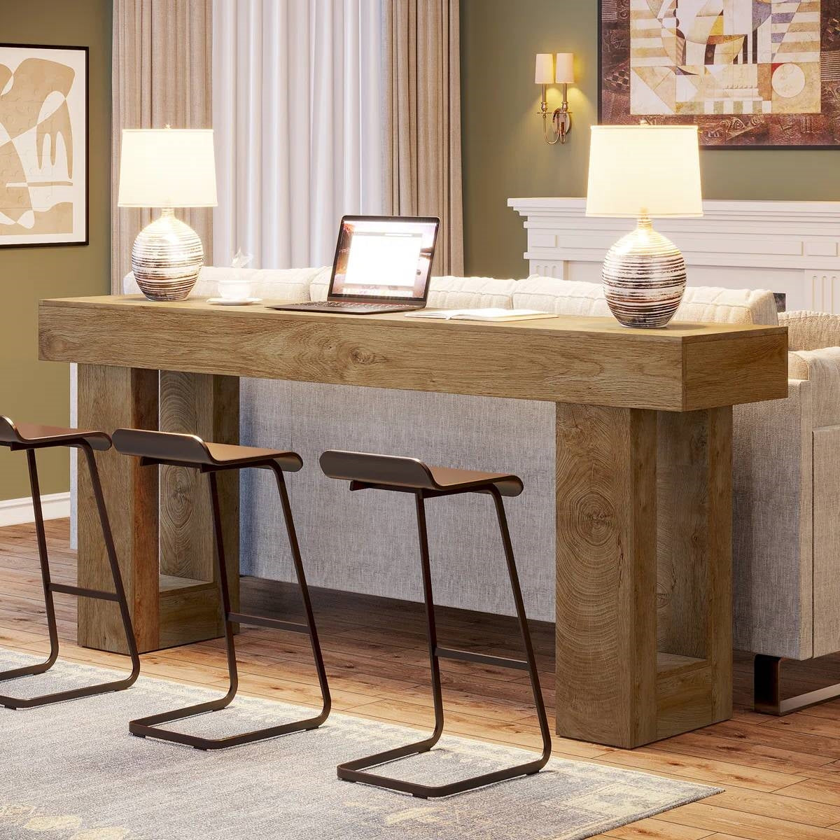 Farmhouse Long Narrow Console Sofa Table in Natural Wood Finish