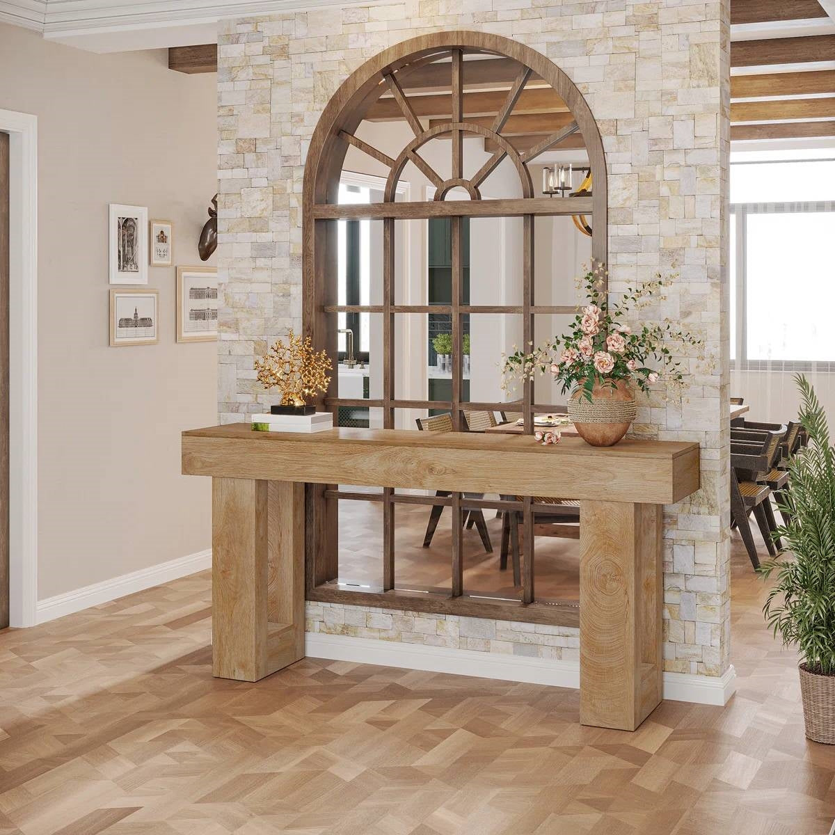 Farmhouse Long Narrow Console Sofa Table in Natural Wood Finish
