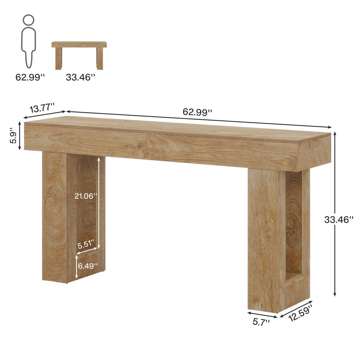 Farmhouse Long Narrow Console Sofa Table in Natural Wood Finish