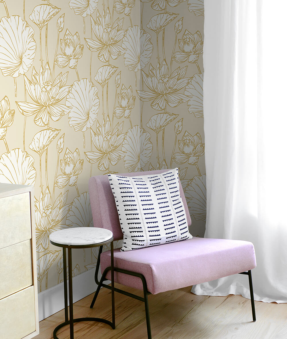 Metallic Gold Lotus Floral Peel and Stick Removable Wallpaper