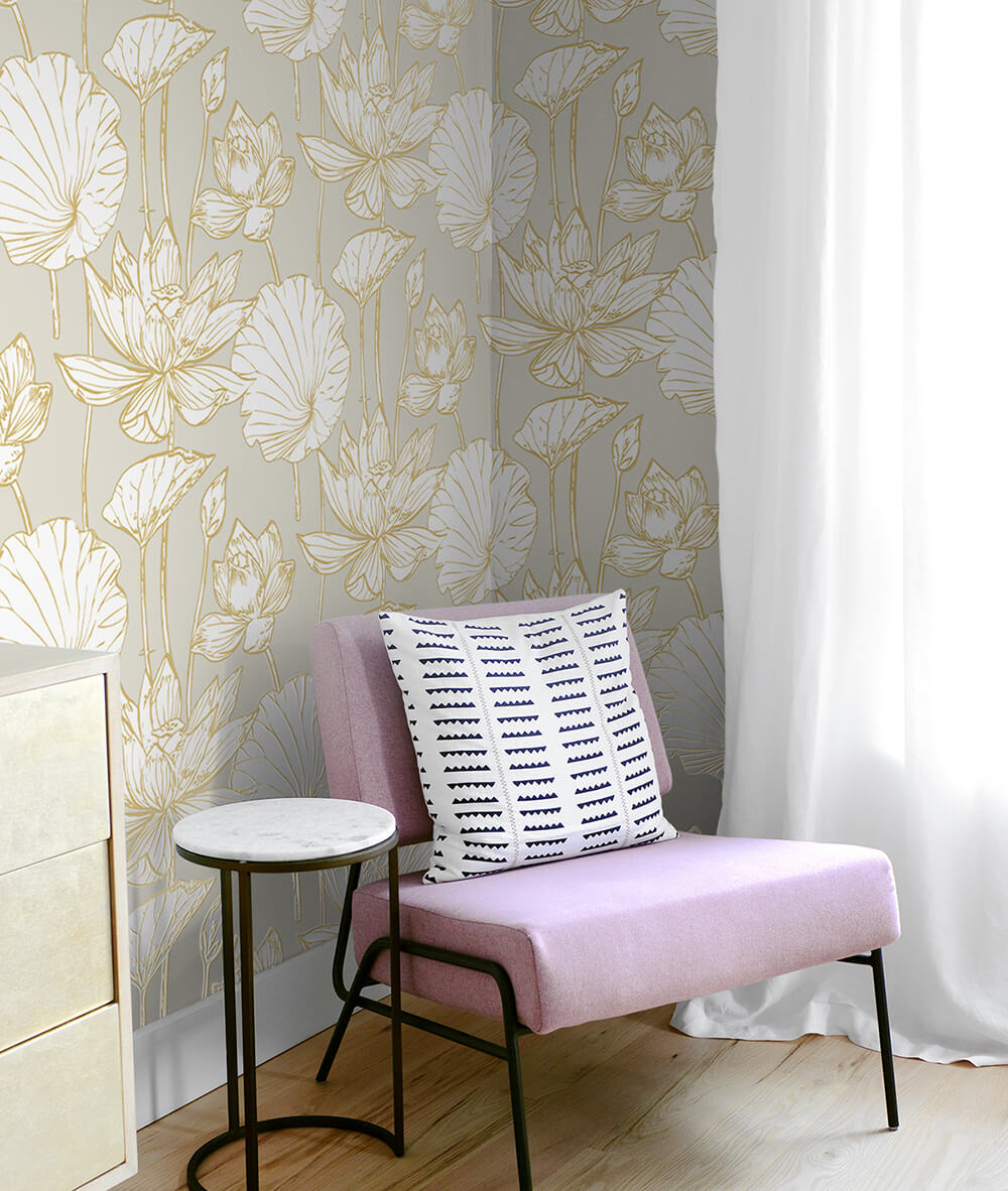 Metallic Gold Lotus Floral Peel and Stick Removable Wallpaper