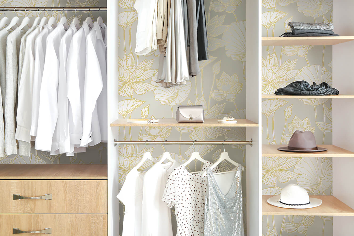 Metallic Gold Lotus Floral Peel and Stick Removable Wallpaper