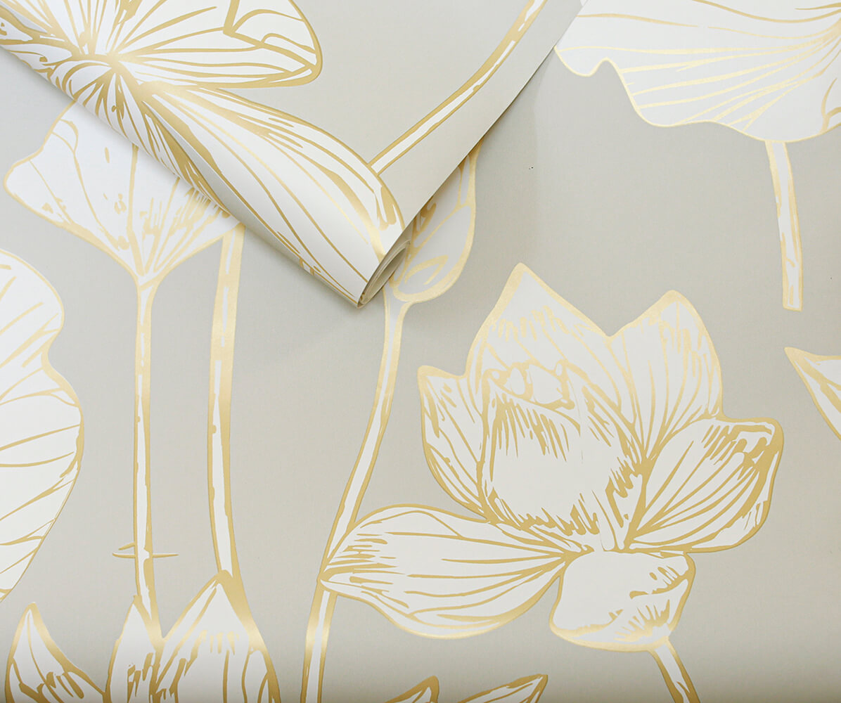 Metallic Gold Lotus Floral Peel and Stick Removable Wallpaper