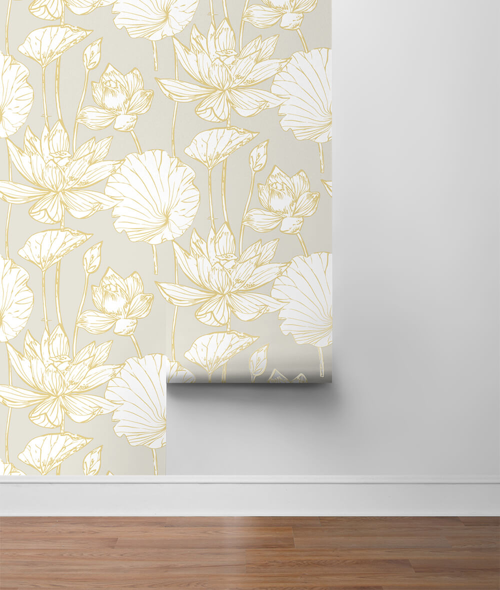 Metallic Gold Lotus Floral Peel and Stick Removable Wallpaper