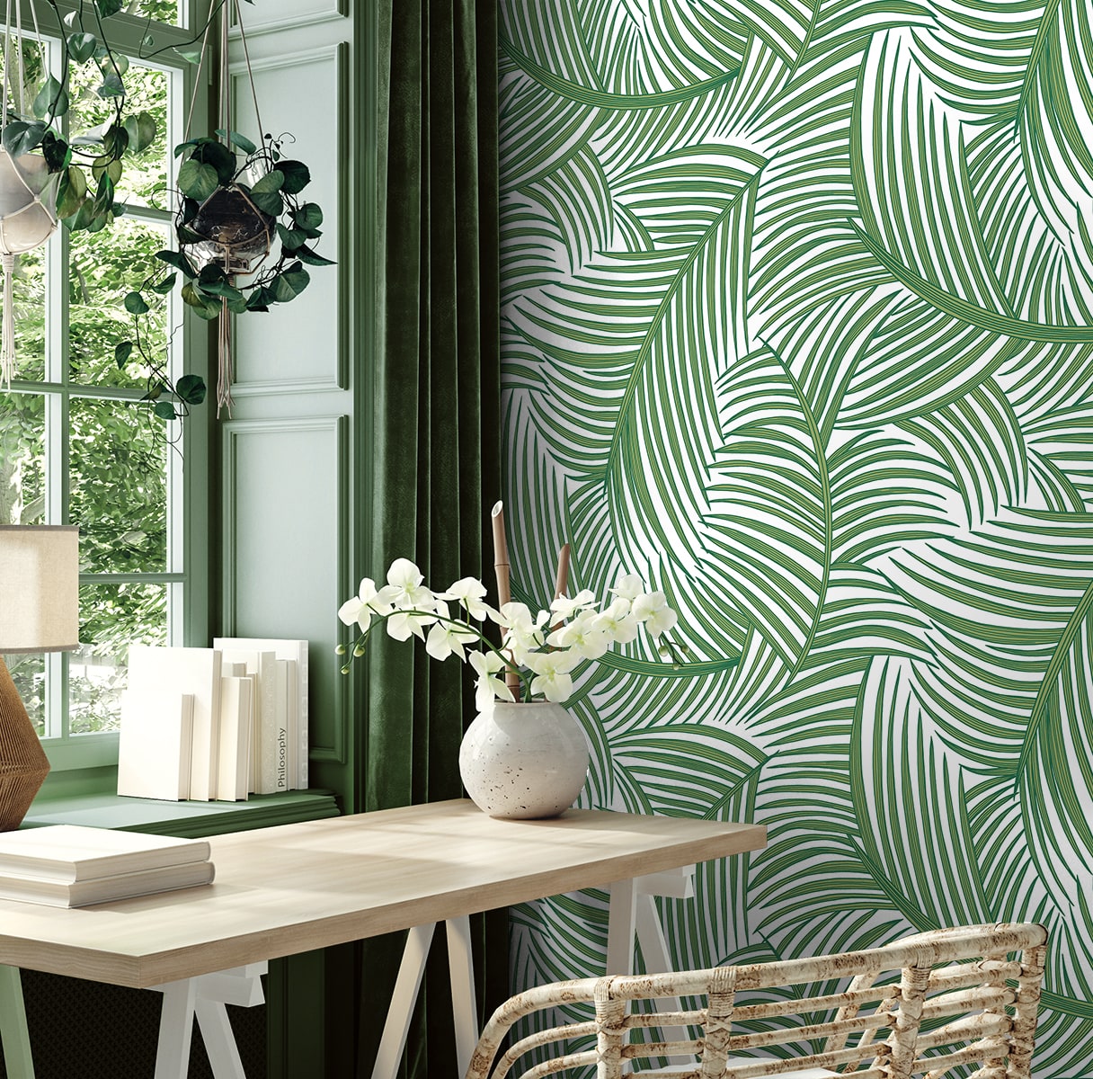 Tossed Palm Fronds Premium Peel and Stick Removable Wallpaper