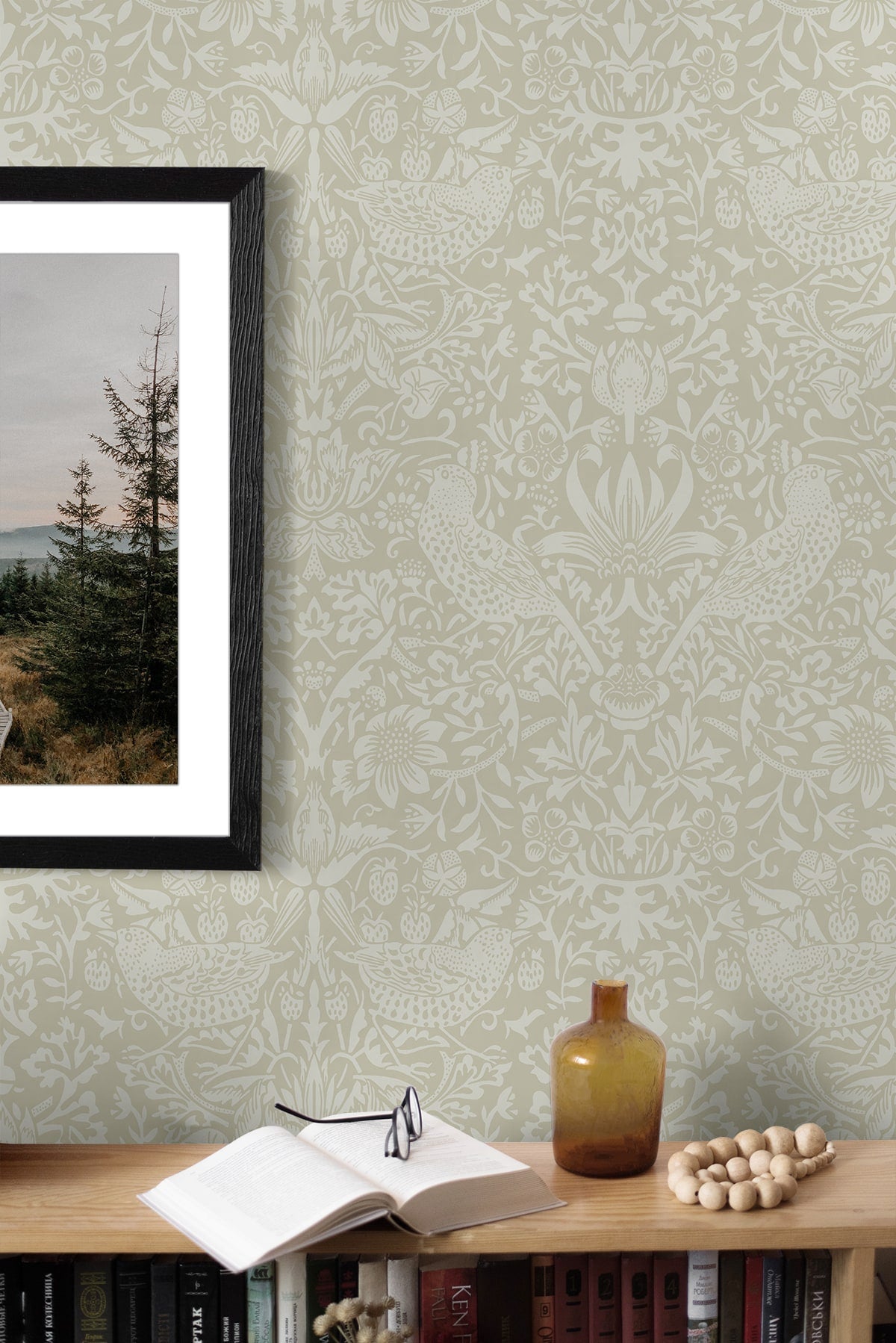 Tonal Bird Garden Vintage Premium Peel and Stick Removable Wallpaper