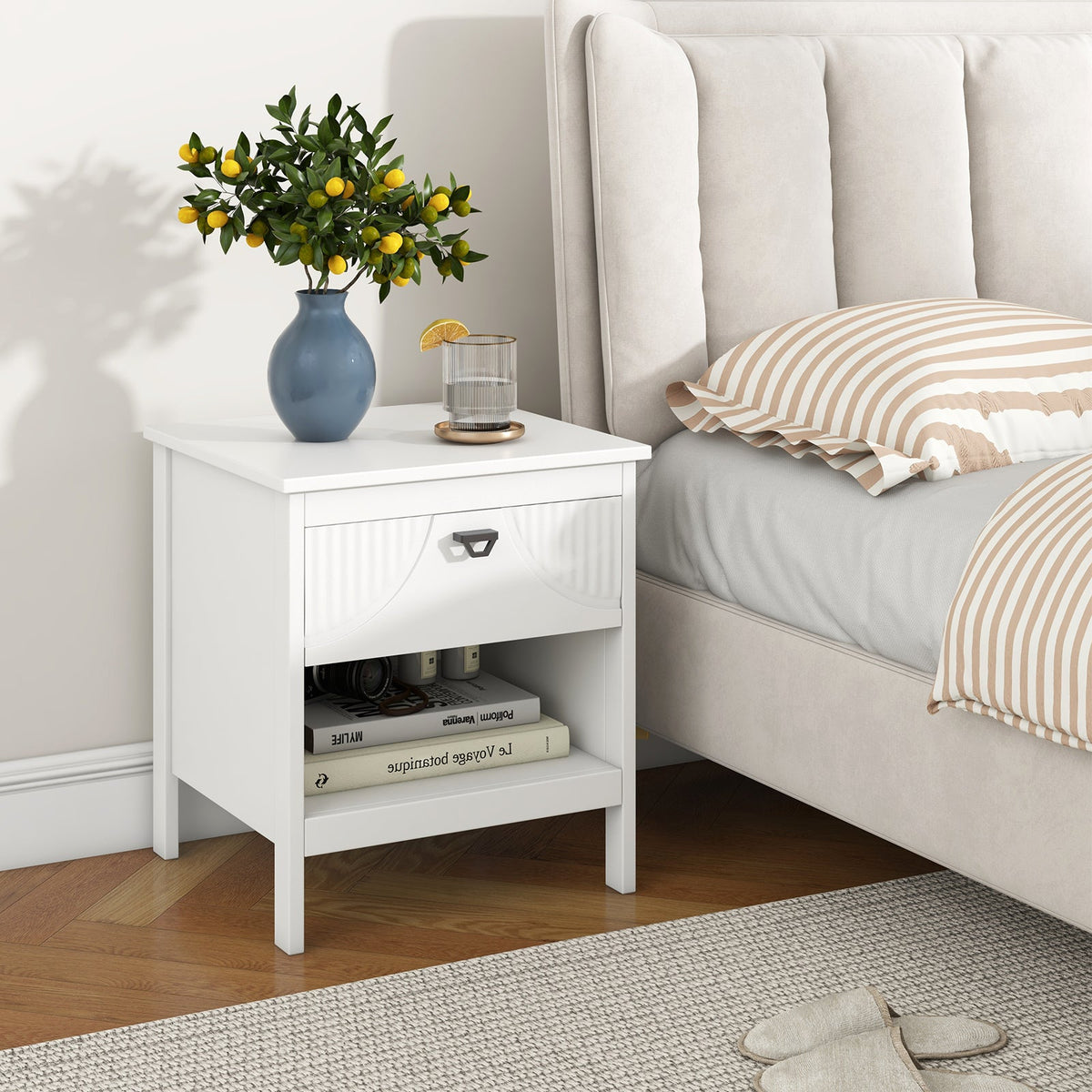 2-tier Wood Nightstand with Drawer and Open Storage Shelf for Bedroom-White