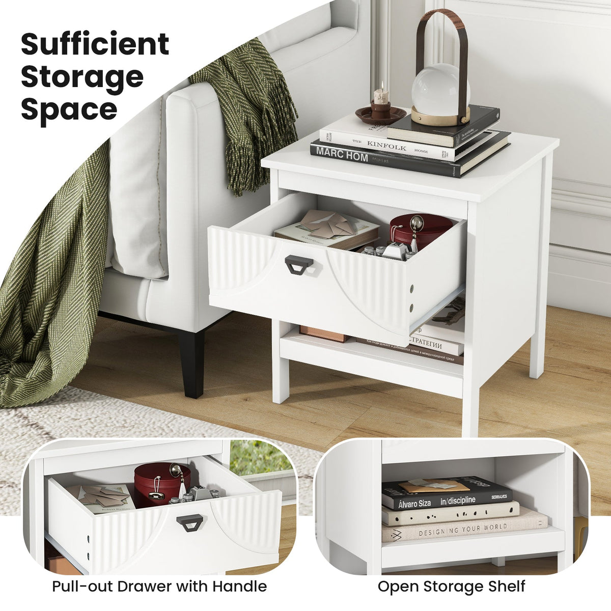 2-tier Wood Nightstand with Drawer and Open Storage Shelf for Bedroom-White