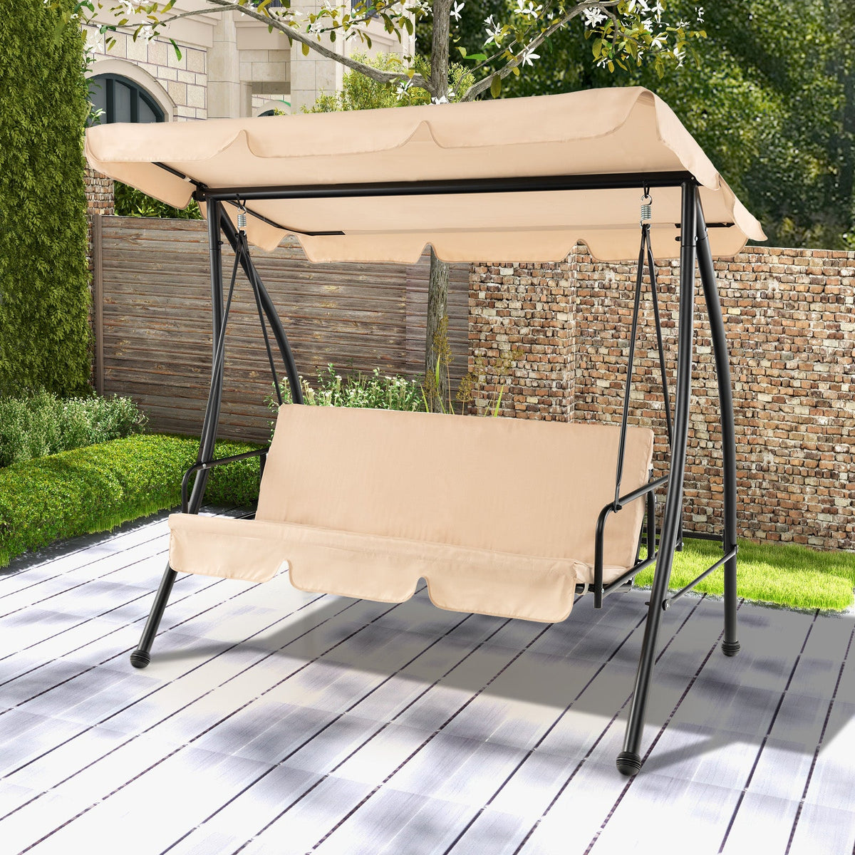2-Seat Outdoor Convertible Swing Chair with Flat Bed - Beige