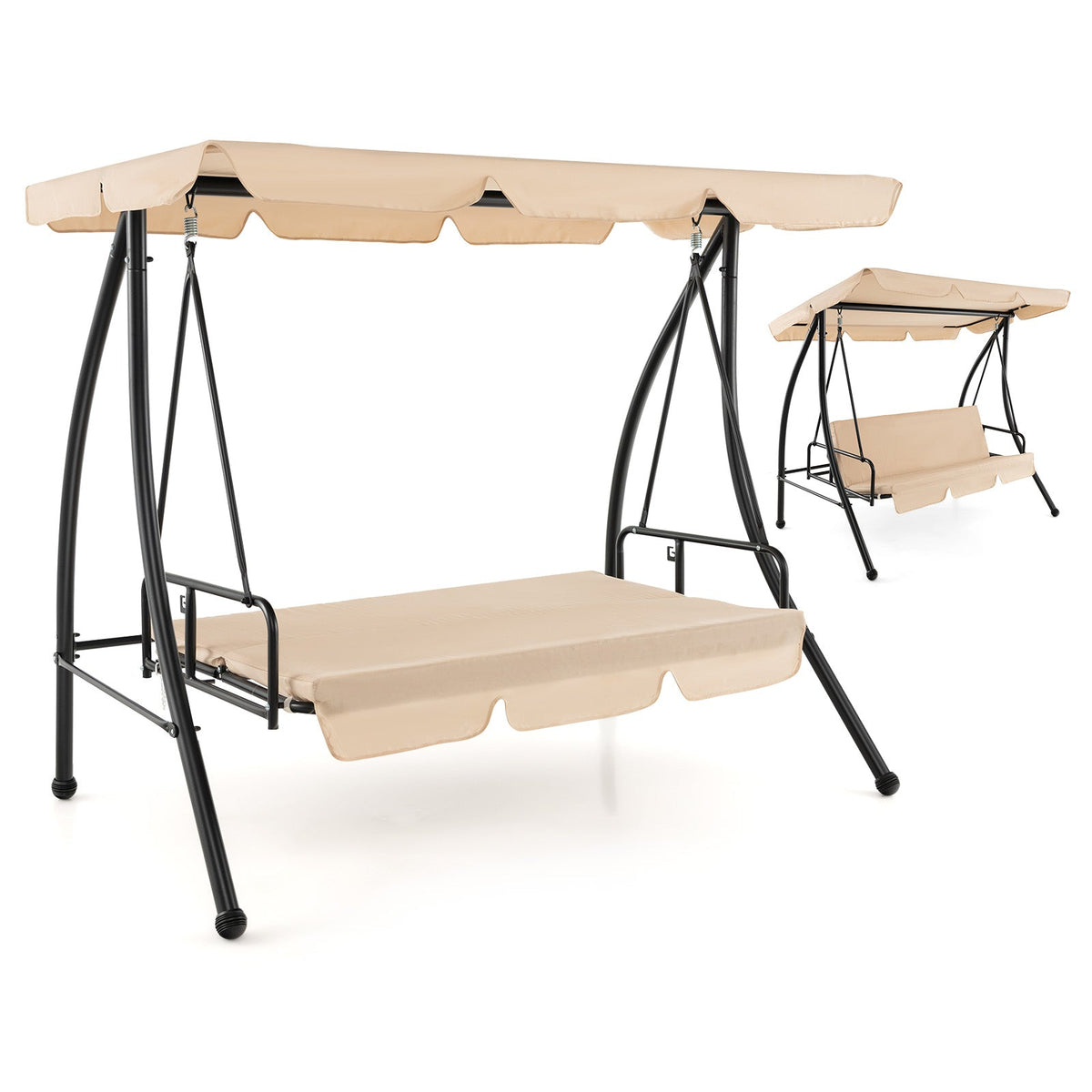 2-Seat Outdoor Convertible Swing Chair with Flat Bed - Beige