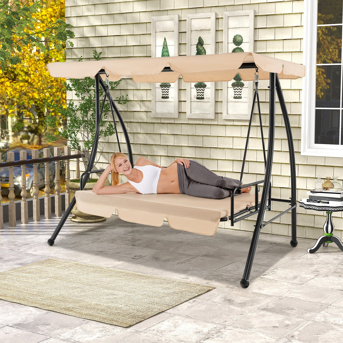 2-Seat Outdoor Convertible Swing Chair with Flat Bed - Beige