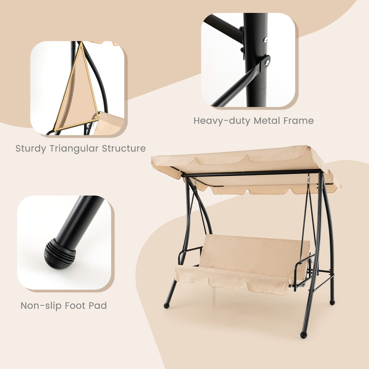 2-Seat Outdoor Convertible Swing Chair with Flat Bed - Beige