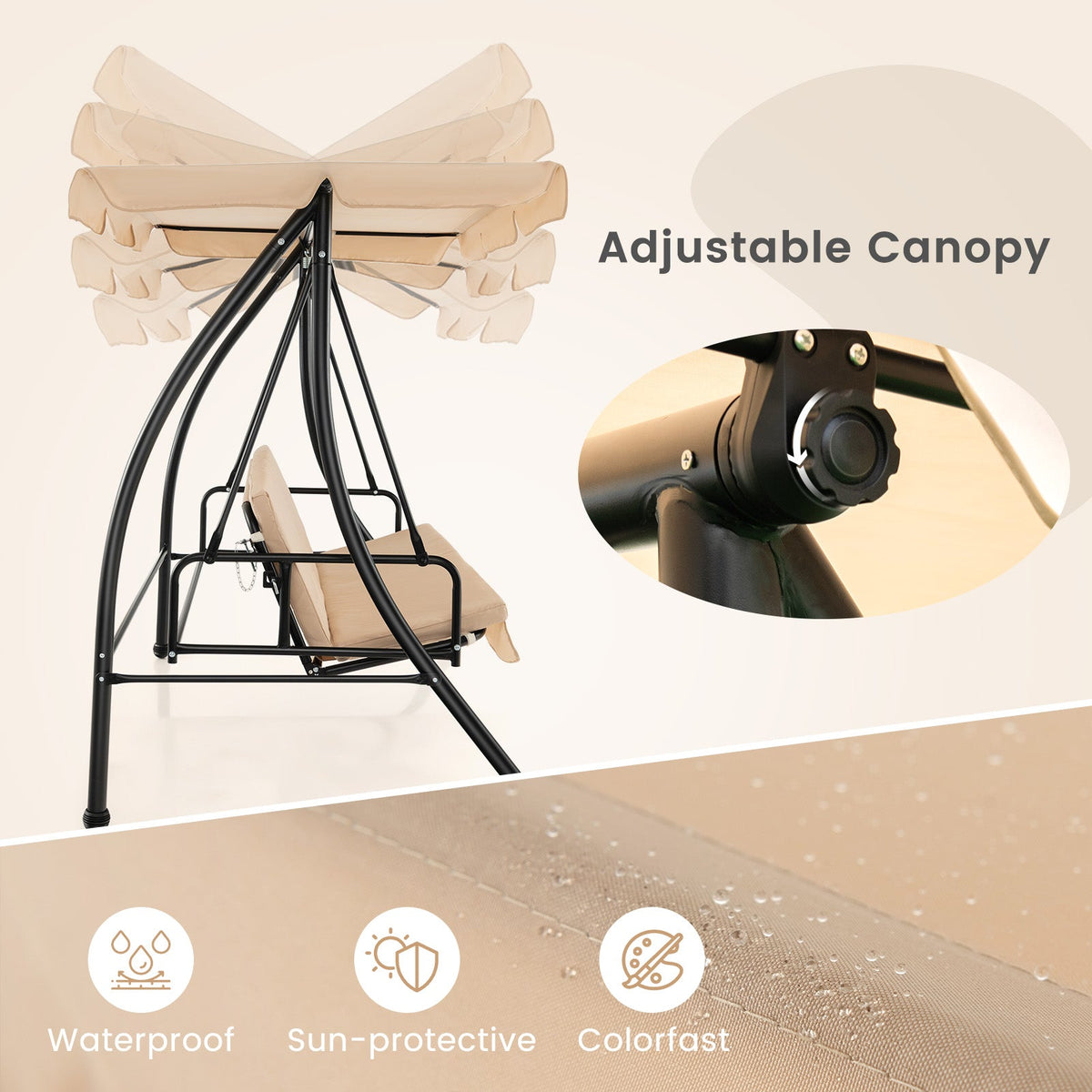 2-Seat Outdoor Convertible Swing Chair with Flat Bed - Beige