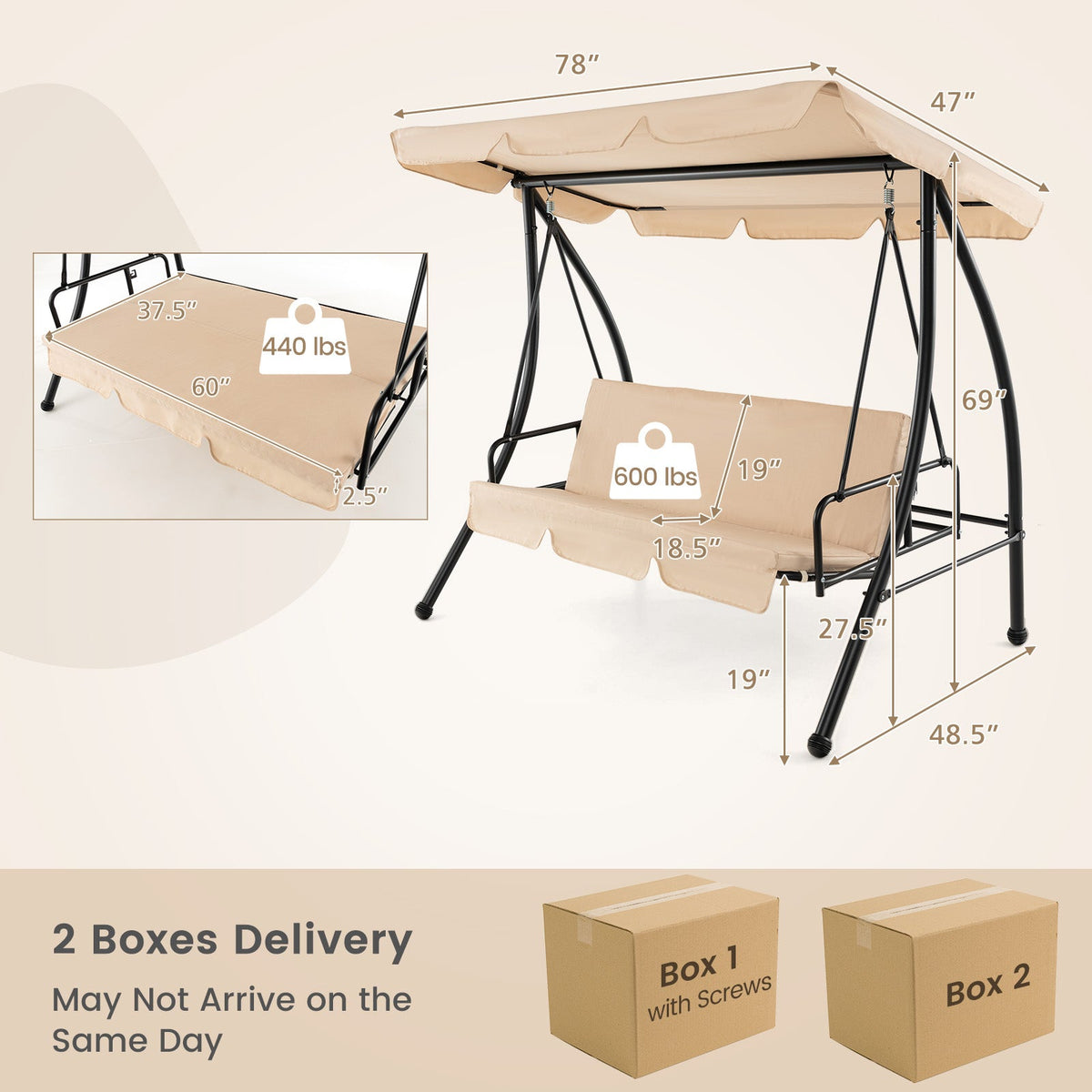 2-Seat Outdoor Convertible Swing Chair with Flat Bed - Beige