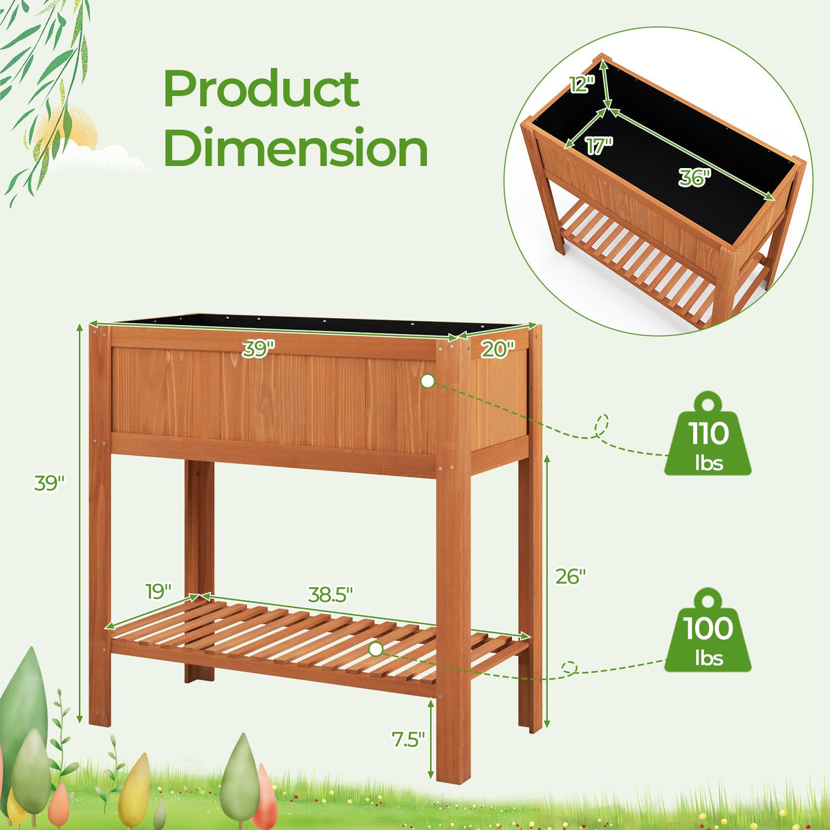 Outdoor Raised Garden Bed Fir Wood Planter Box -Brown