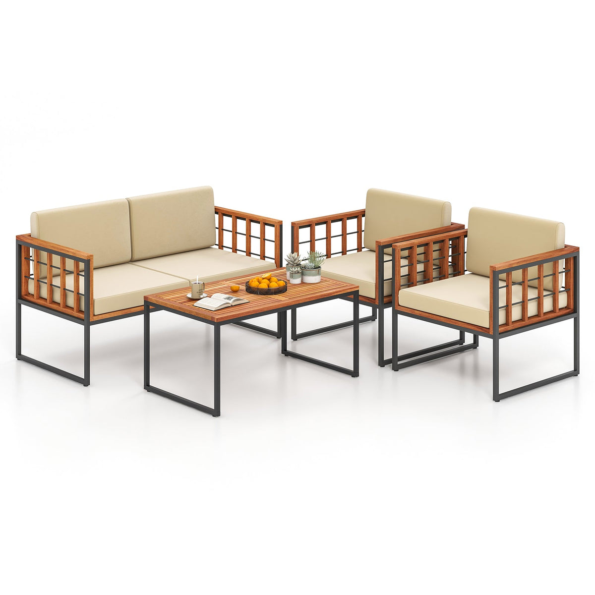 4 Pieces Acacia Wood Outdoor Sofa Set