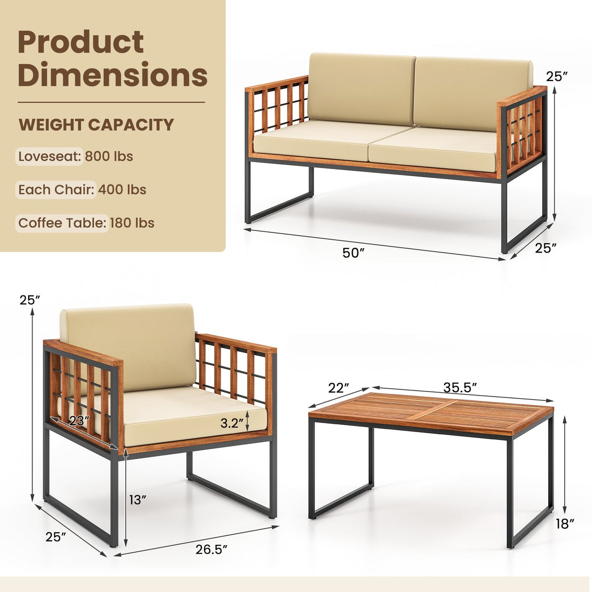4 Pieces Acacia Wood Outdoor Sofa Set