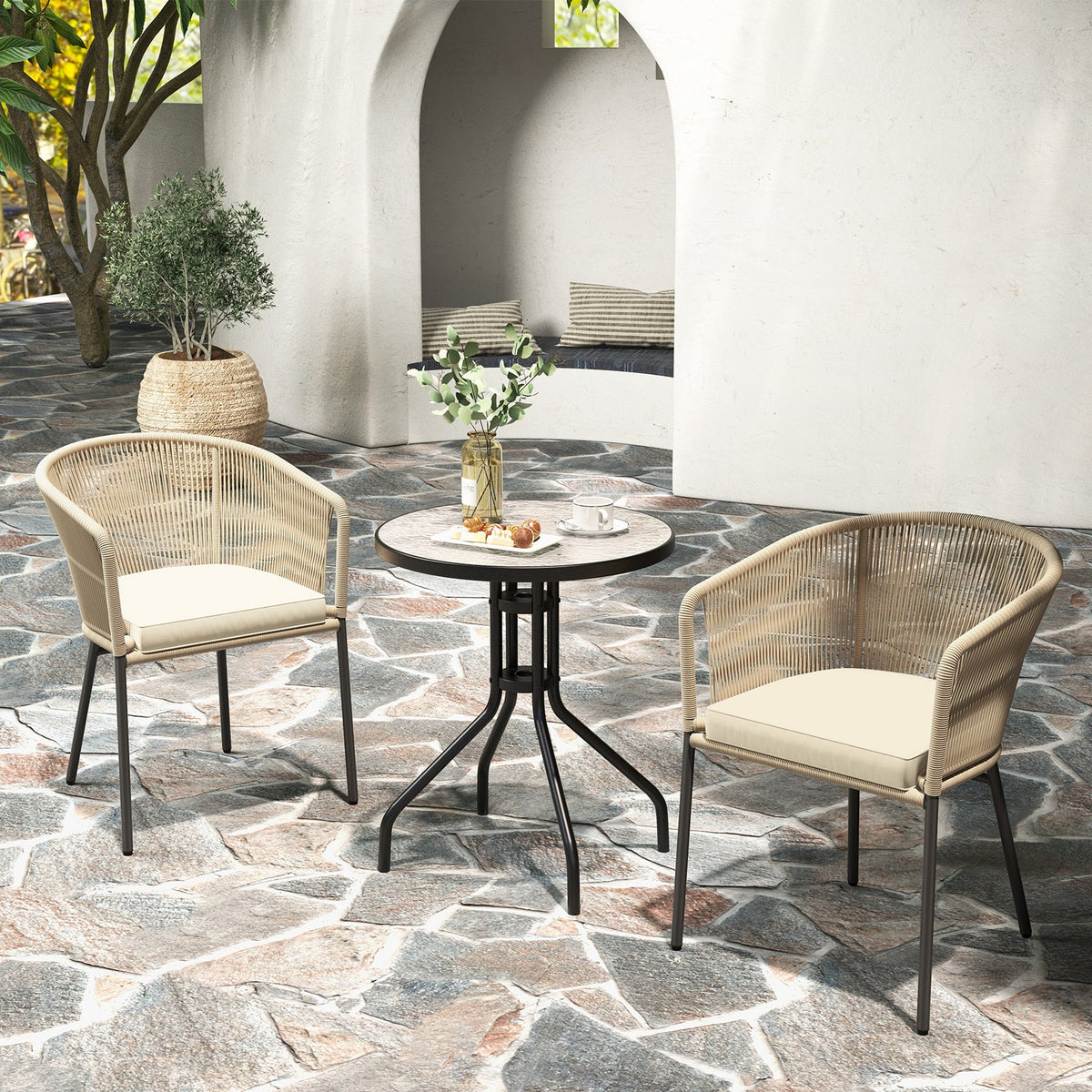 Patio Chairs Set of 4 with Curved Backrest and Seat Cushion