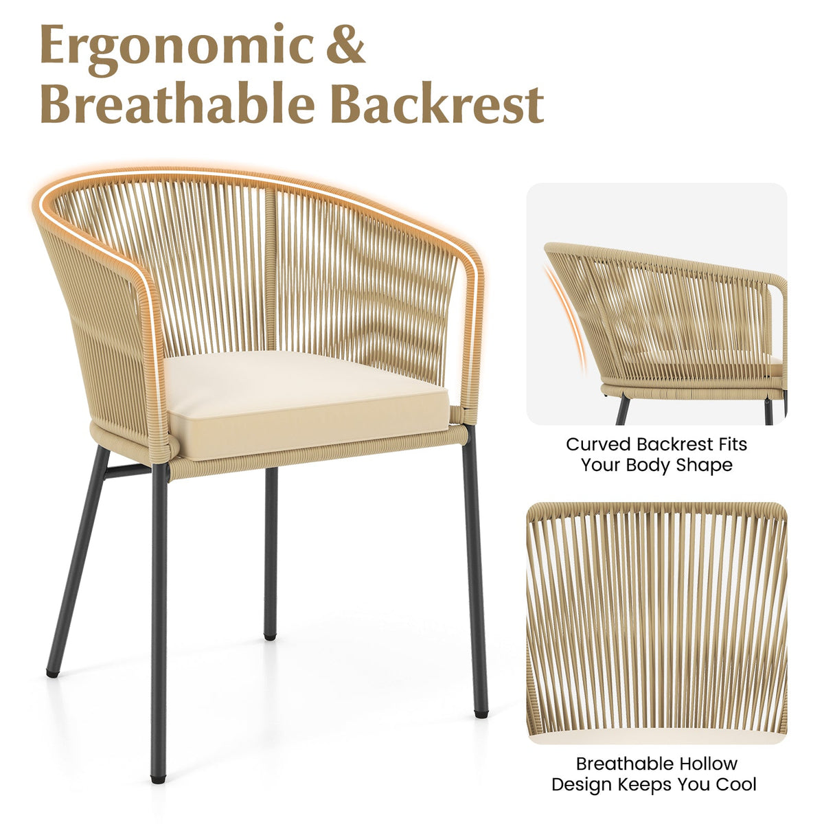 Patio Chairs Set of 4 with Curved Backrest and Seat Cushion