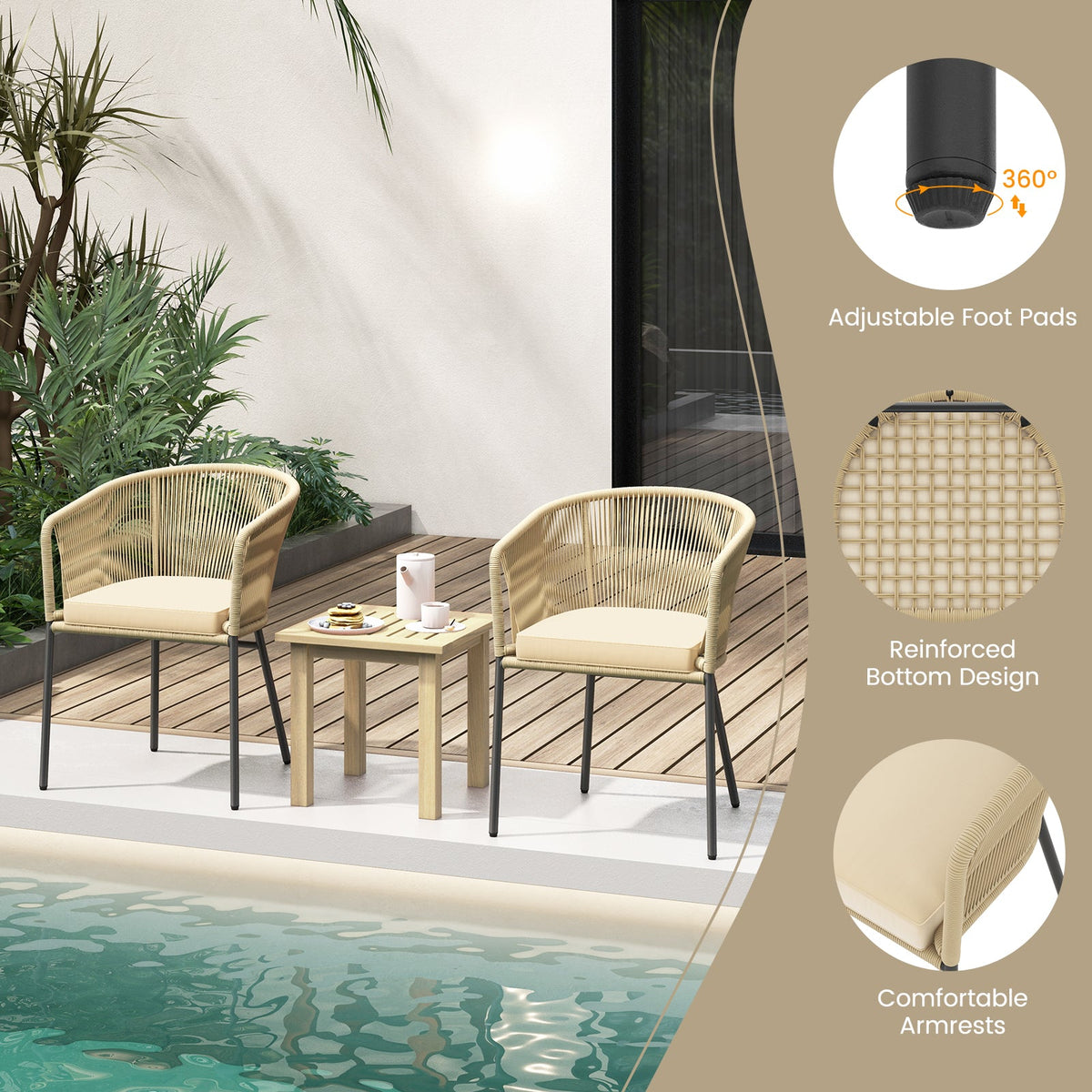 Patio Chairs Set of 4 with Curved Backrest and Seat Cushion