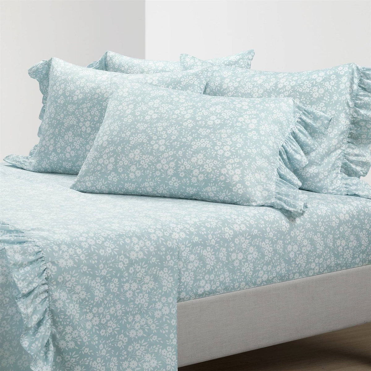 Queen Size, Polyester, Blue Ruffle Floral 6 Piece Sheet Set