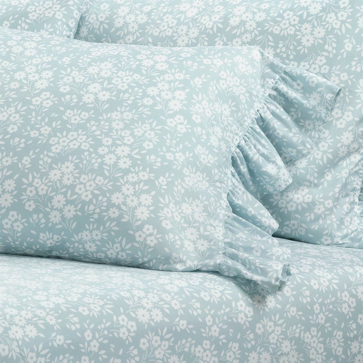 Queen Size, Polyester, Blue Ruffle Floral 6 Piece Sheet Set