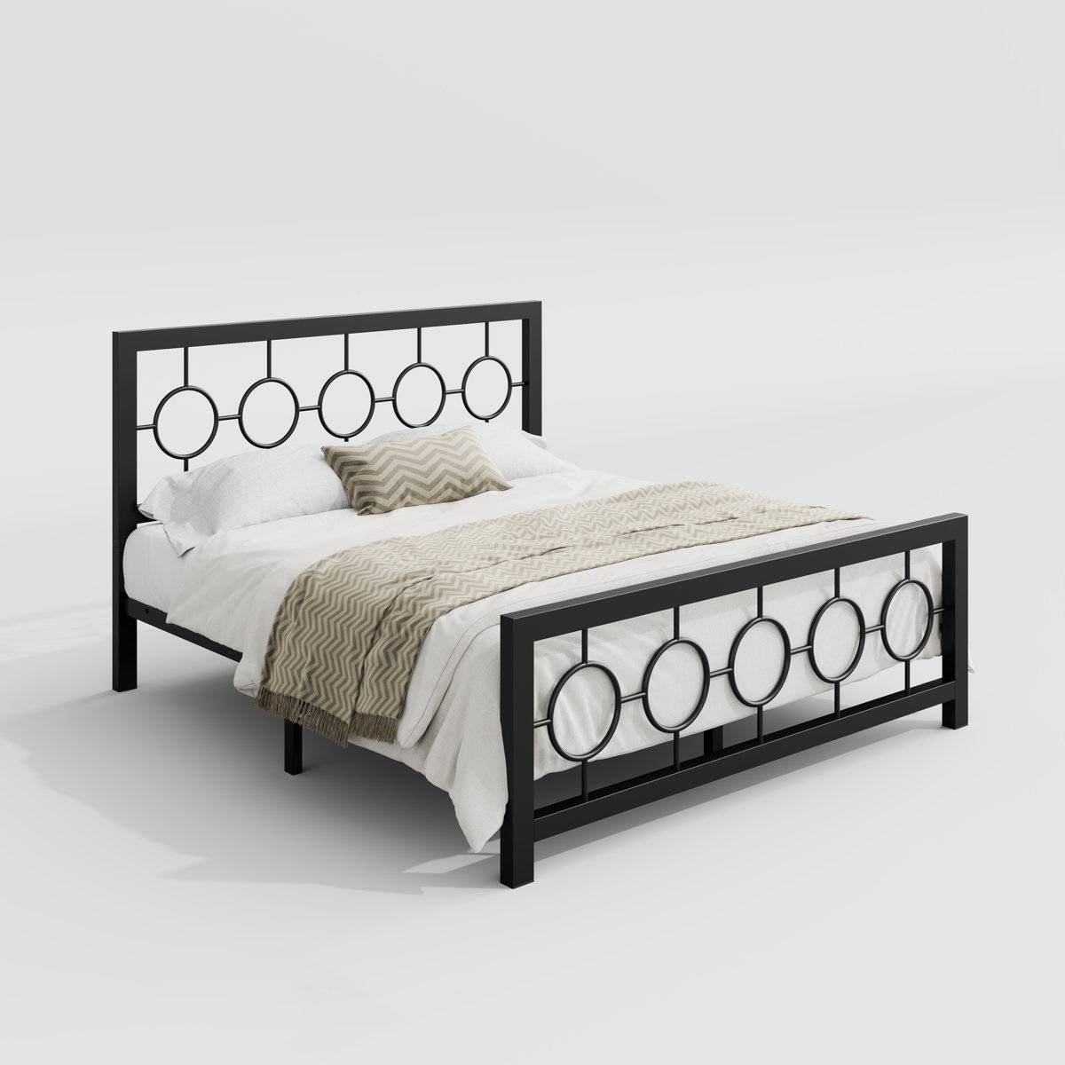 Queen Black Metal Platform Bed Frame with Circle Medallion Headboard
