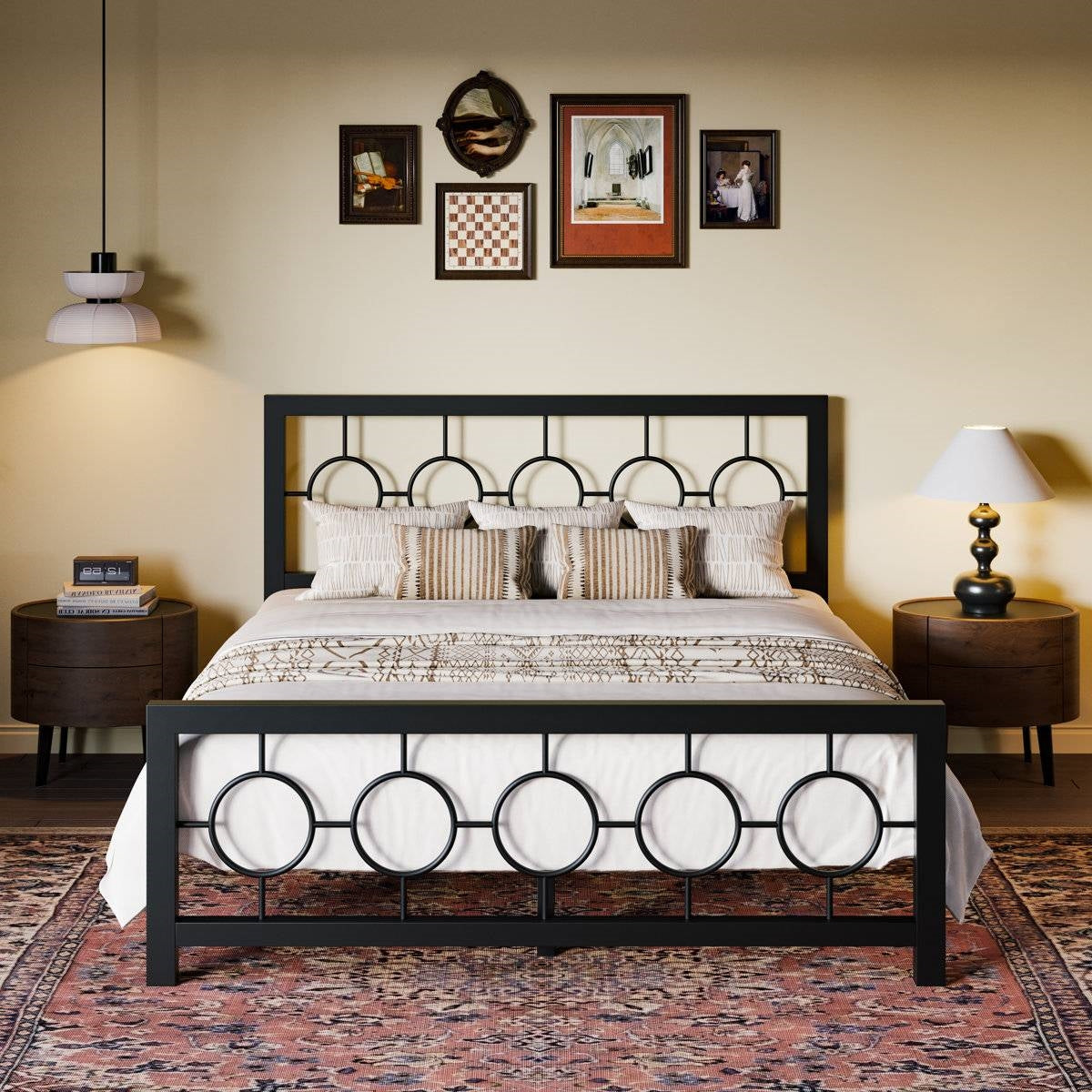 Queen Black Metal Platform Bed Frame with Circle Medallion Headboard
