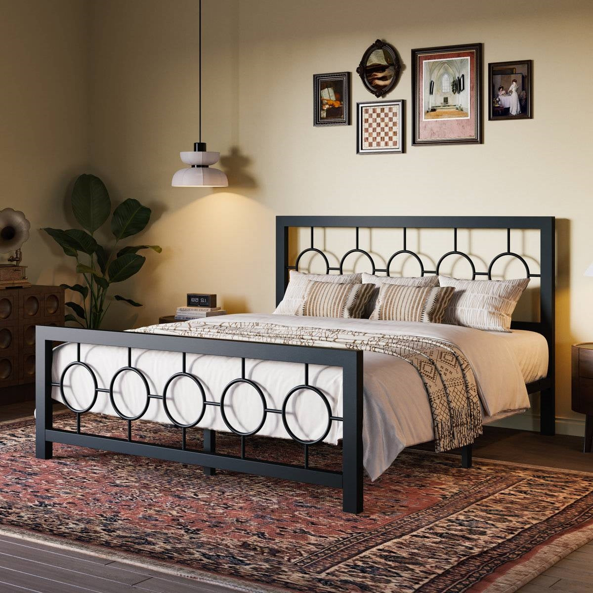 Queen Black Metal Platform Bed Frame with Circle Medallion Headboard
